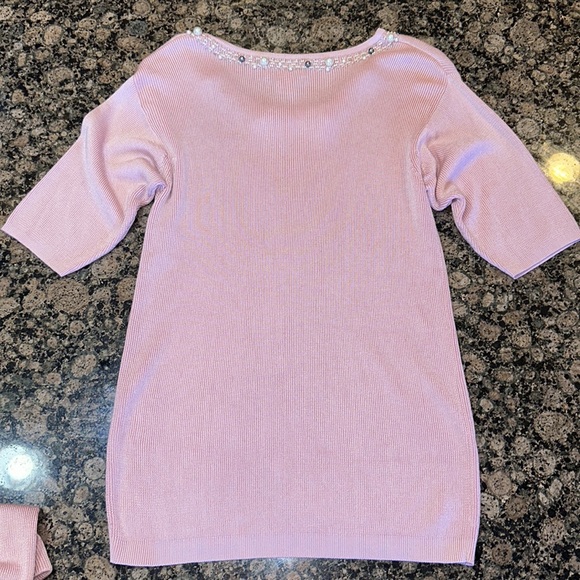 Vintage baby pink soft silky beaded knitwear skirt and sweater set - Picture 4 of 8